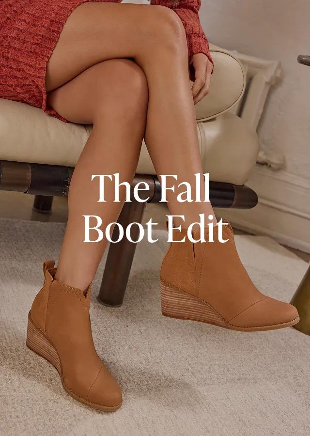 The Fall Boot Edit. Shop Now. Model wearing Clare wedge boot in tan leather.