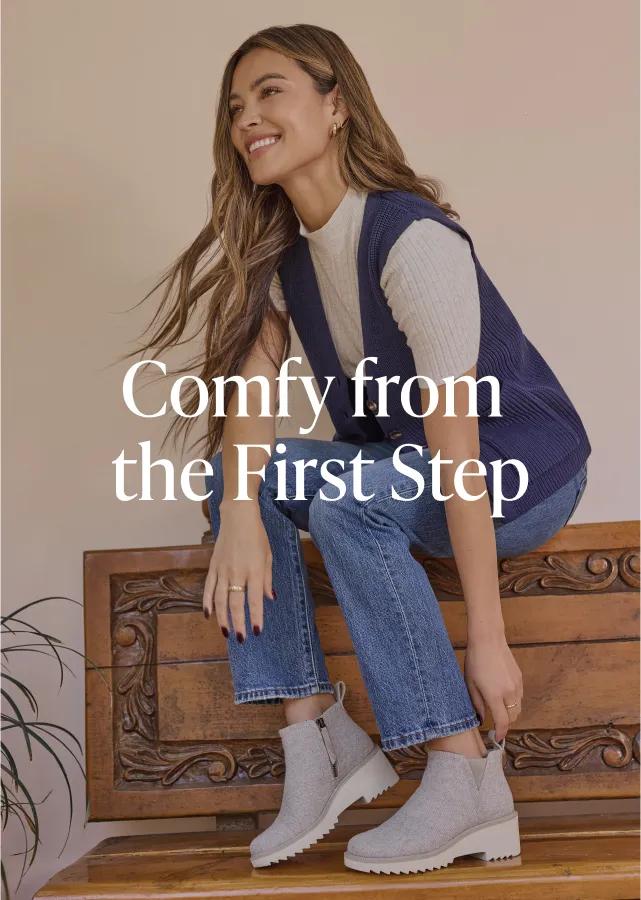 Comfy from the First Step. Shop Now. Woman wearing the Maude Boot in Natural Shimmer.