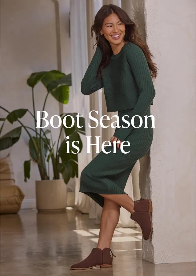 Boot Season is Here. Shop Now. Model wearing Oak Brown Suede Rylie Ankle Boot.