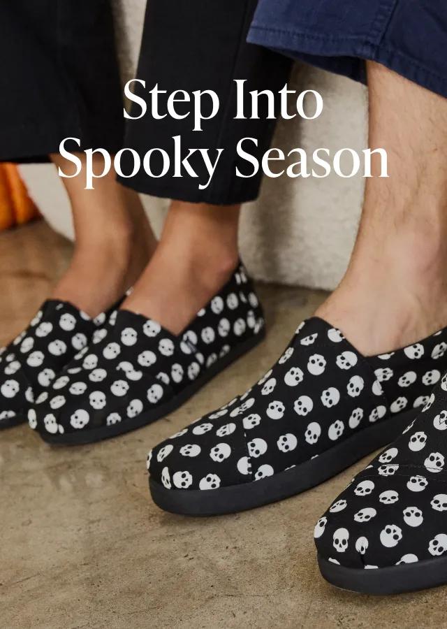 Step Into Spooky Season. Shop Exclusive Prints. Models wearing Women's Alpargata Classic and Men's Alpargata Plus in glow in the dark skull print.